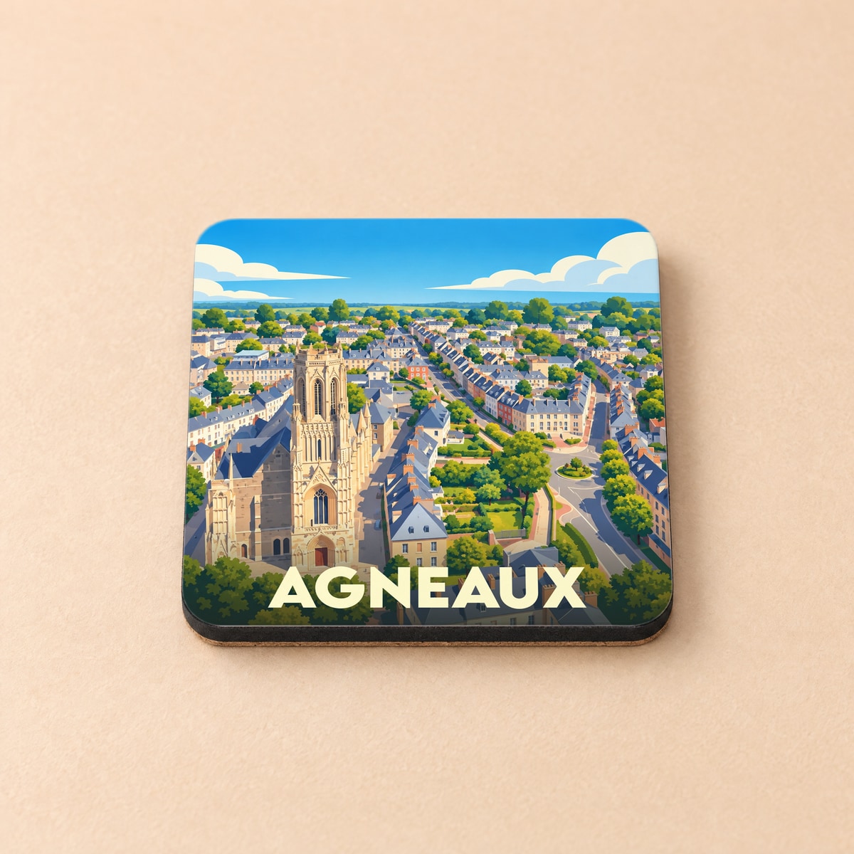 Dessous de verre souvenir de la ville d'Agneaux avec une illustration stylisée.