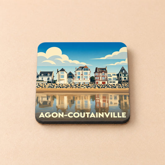 Dessous de verre souvenir de la ville de Agon-Coutainville avec une illustration stylisée de son front de mer.