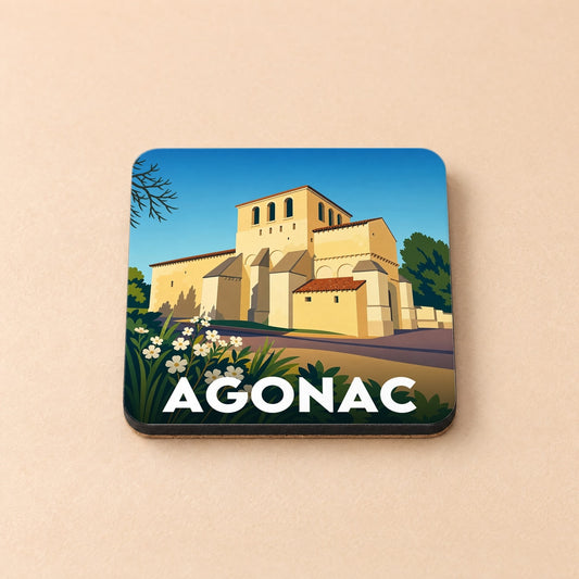 Dessous de verre souvenir de la ville d'Agonac avec une illustration stylisée de son église romane.