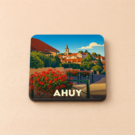 Dessous de verre souvenir de la ville d'Ahuy avec une illustration stylisée et colorée.