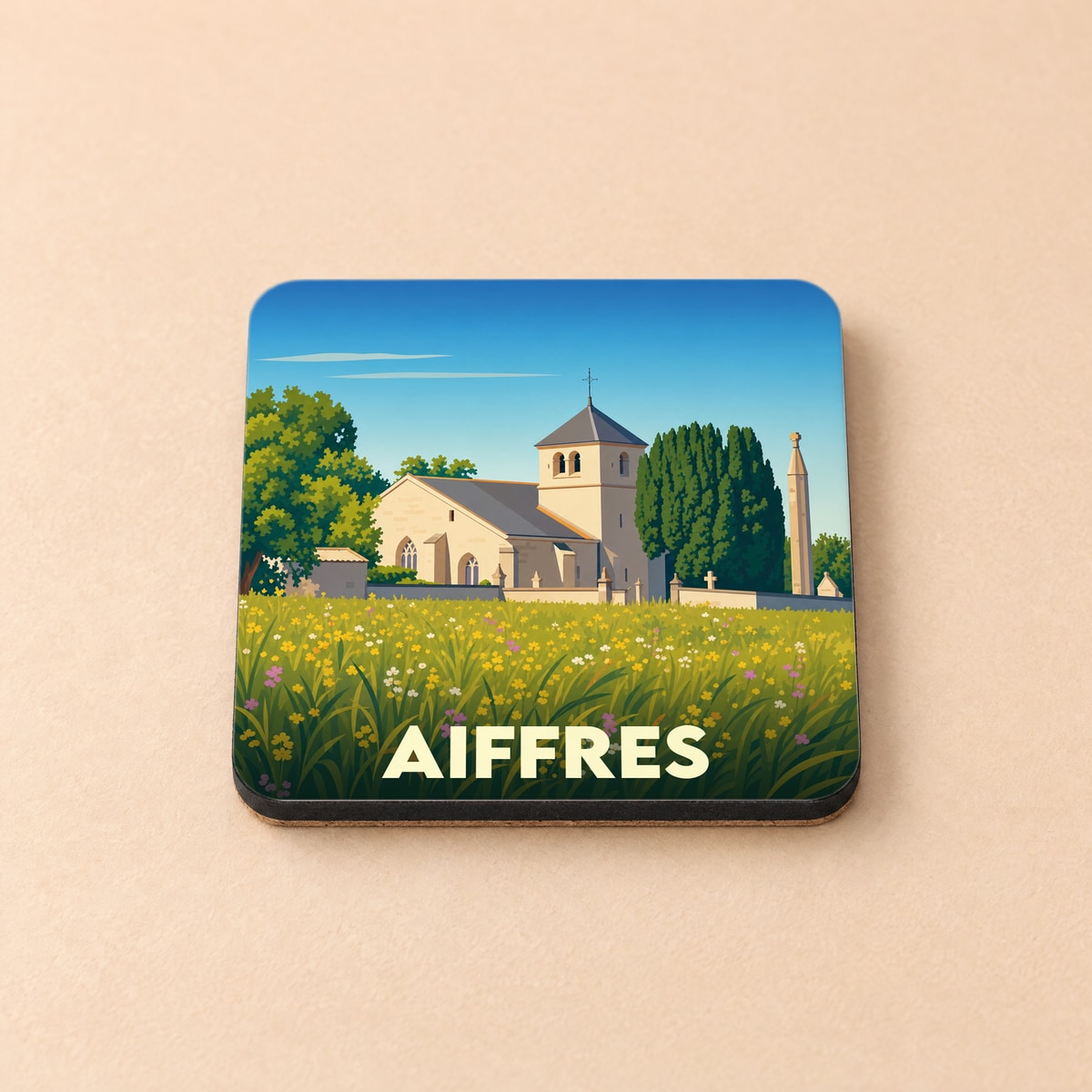 Dessous de verre souvenir de la ville de Aiffres avec une illustration stylisée d'une église dans un champ fleuri.