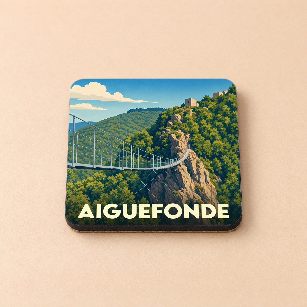 Dessous de verre souvenir de la ville de Aiguefonde avec une illustration stylisée d'une passerelle suspendue.