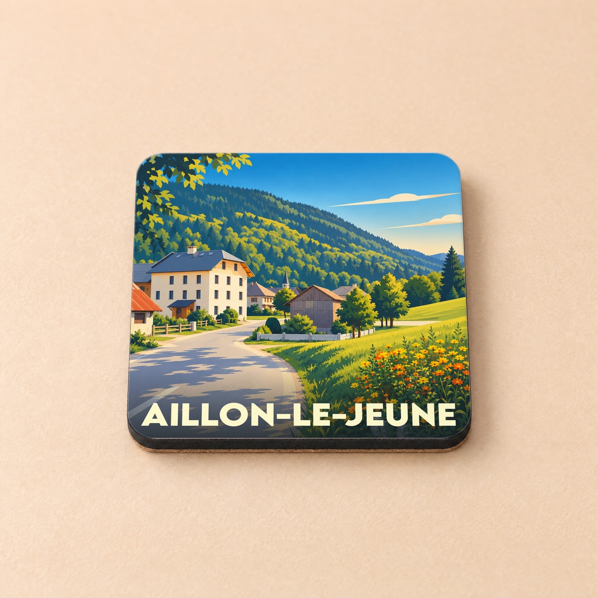 Dessous de verre souvenir de la ville de Aillon-le-Jeune avec une illustration de paysage montagneux stylisée.