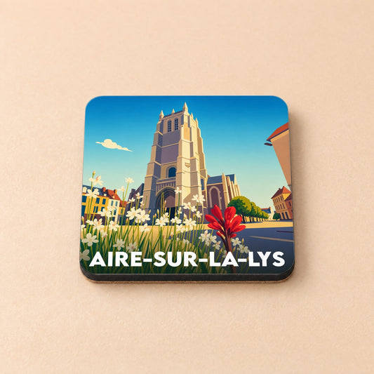 Dessous de verre souvenir de la ville d'Aire-sur-la-Lys avec une illustration stylisée de sa collégiale.