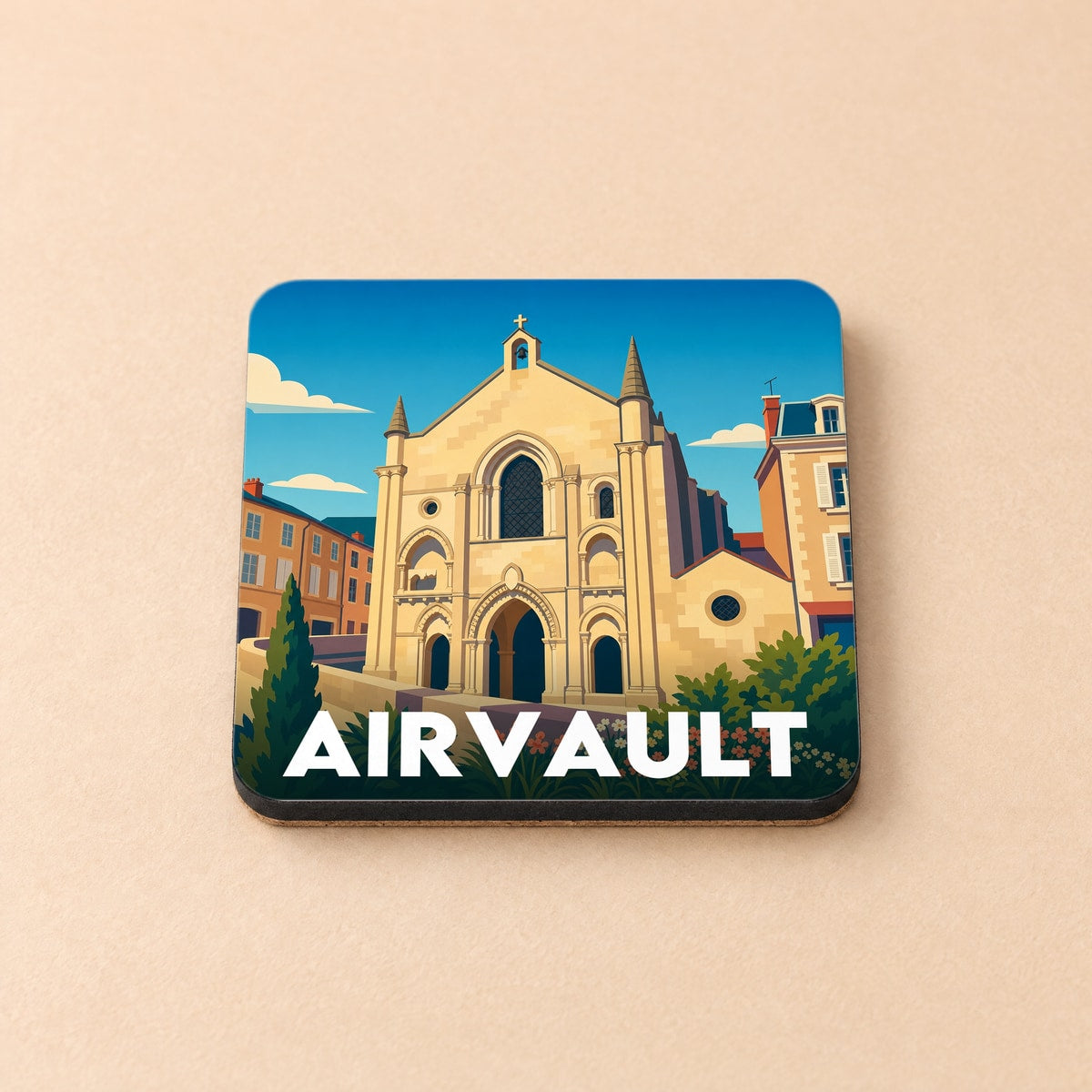 Dessous de verre souvenir de la ville de Airvault avec une illustration stylisée de son église abbatiale.