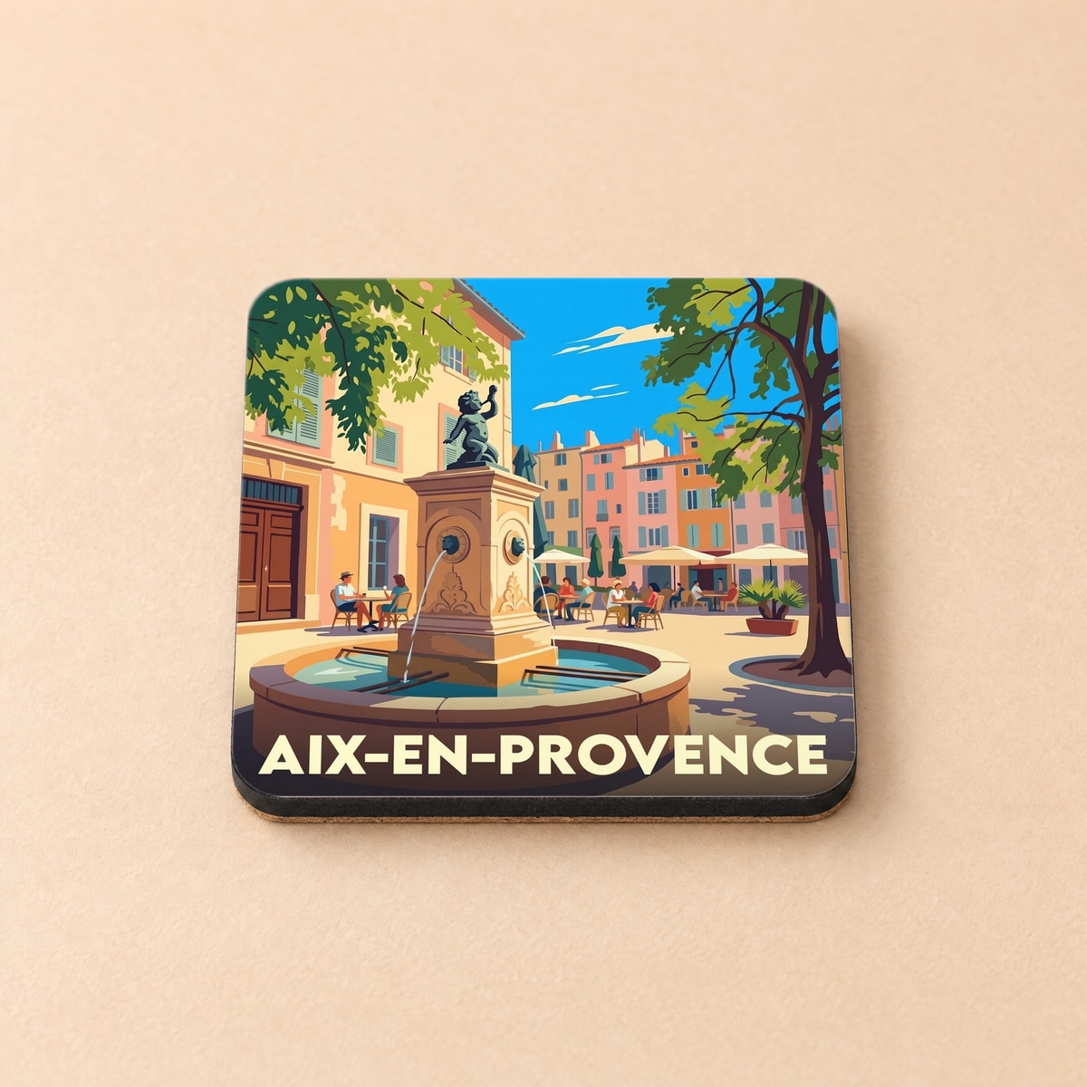 Dessous de verre souvenir d'Aix-en-Provence avec une illustration colorée et stylisée de la place d'Albertas et sa fontaine.