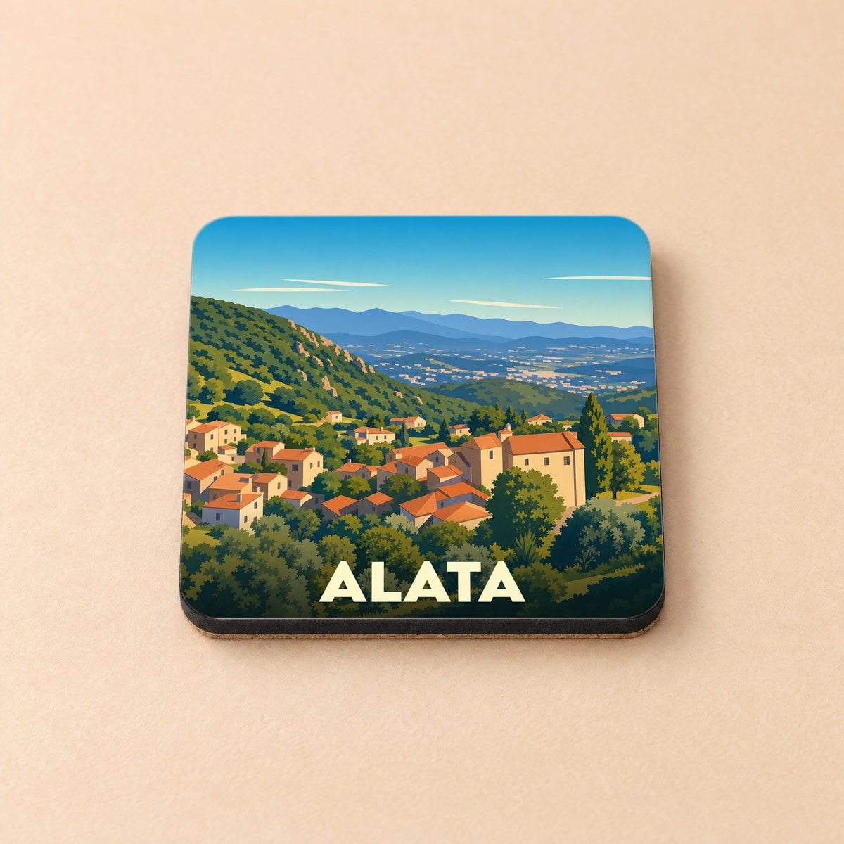Dessous de verre souvenir de la ville de Alata avec une illustration stylisée d'un village corse en montagne.