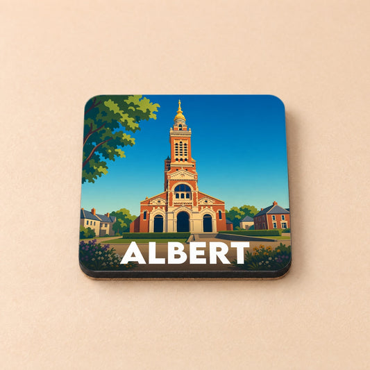 Dessous de verre souvenir de la ville d'Albert avec une illustration stylisée de sa basilique.