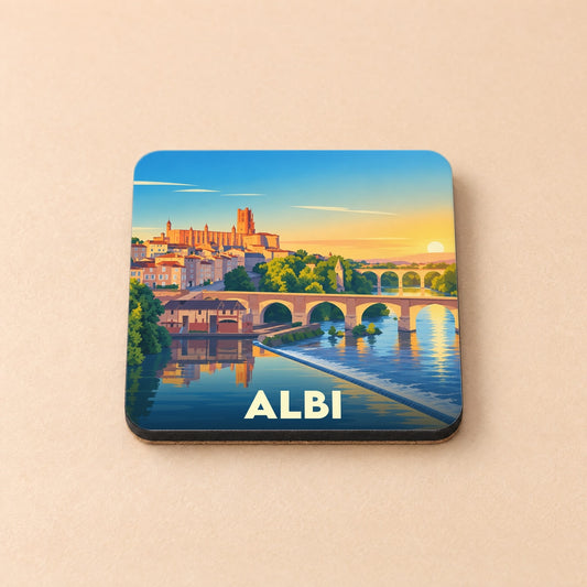 Dessous de verre souvenir de la ville d'Albi illustrant la cathédrale et le Pont-Vieux au coucher du soleil.