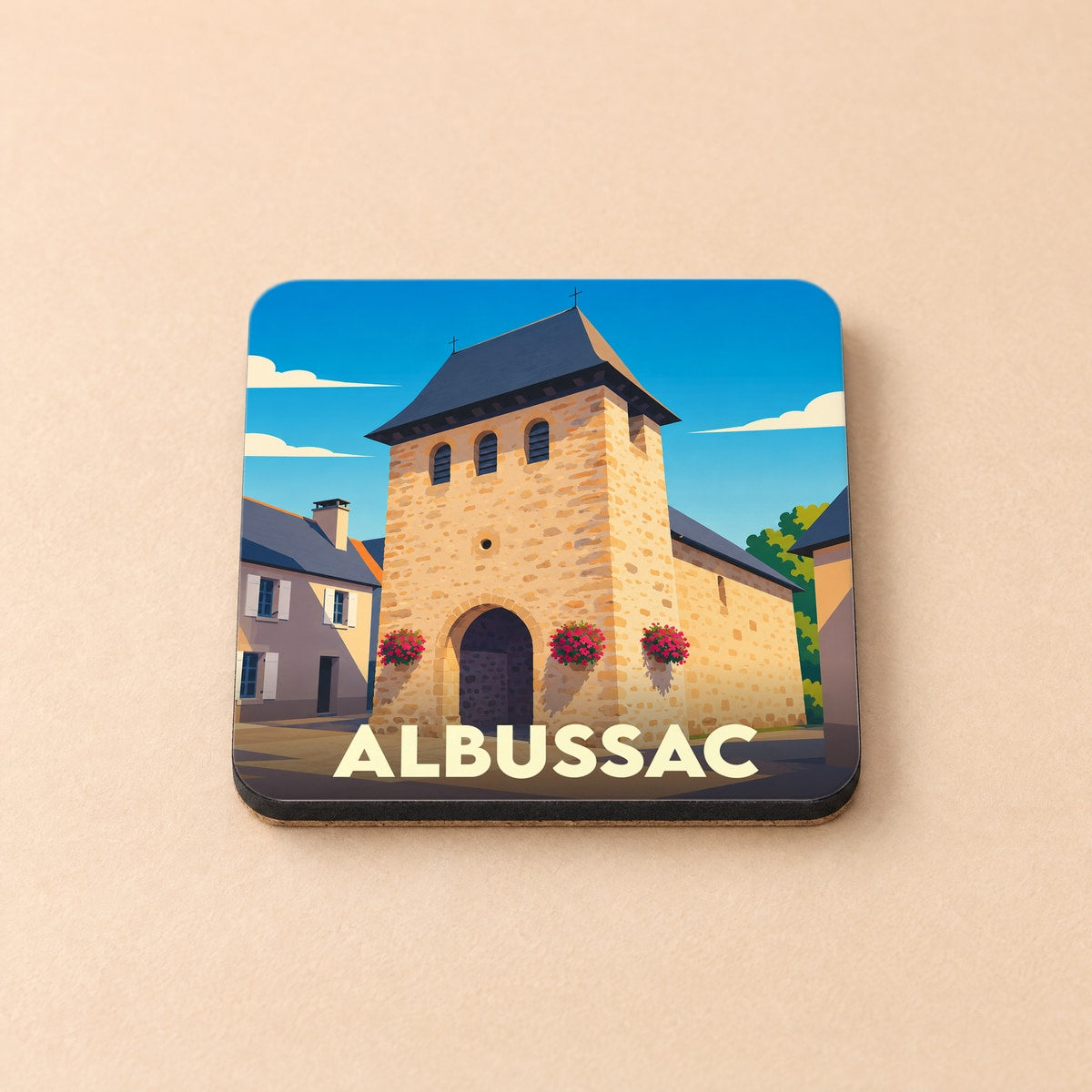 Dessous de verre souvenir de la ville d'Albussac avec une illustration stylisée de son église.