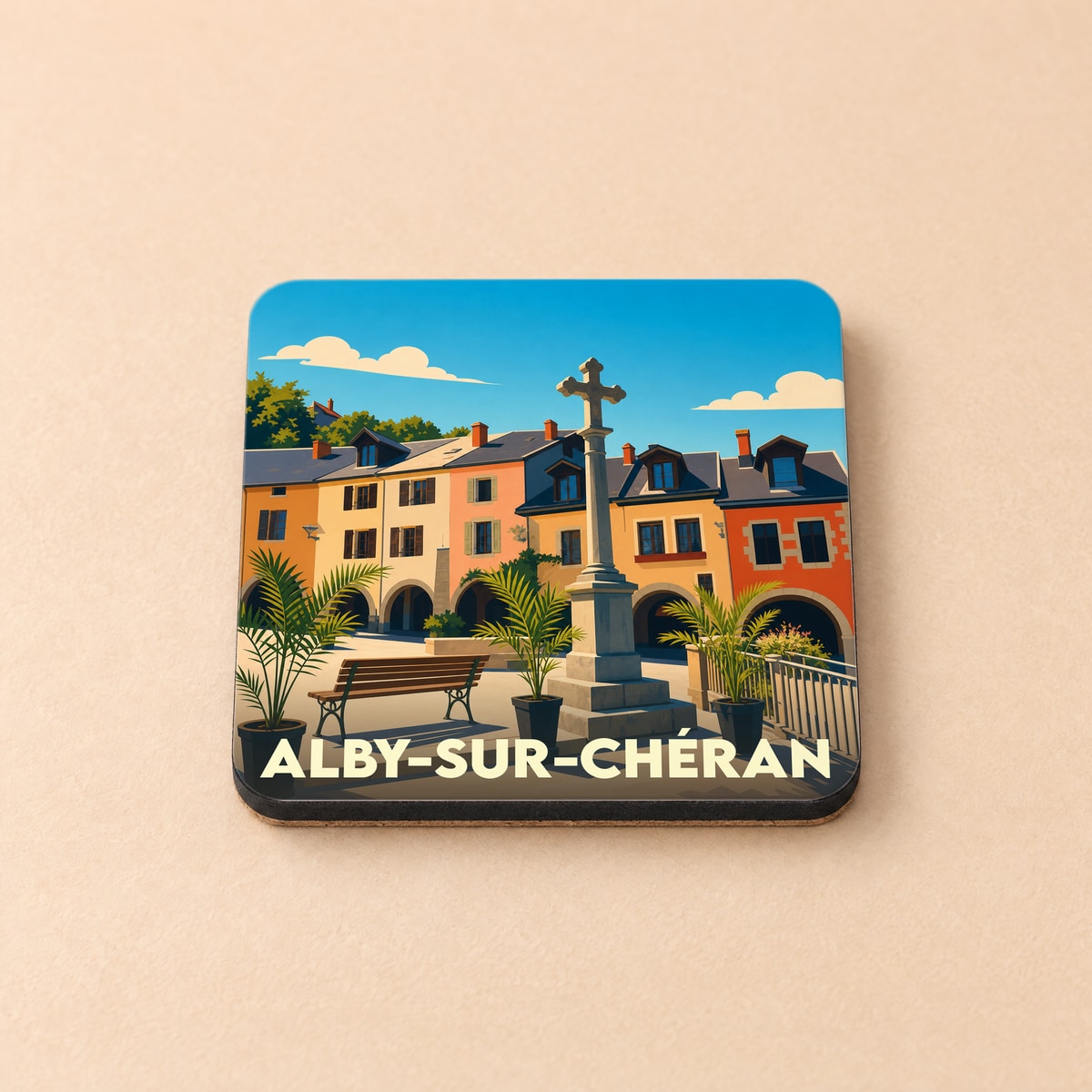 Dessous de verre souvenir de la ville d'Alby-sur-Chéran avec une illustration stylisée de sa place principale.