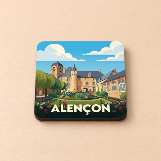 Dessous de verre souvenir de la ville d'Alençon avec une illustration stylisée de son château et de ses jardins.