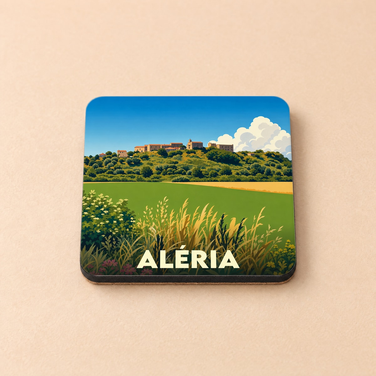 Dessous de verre souvenir de la ville d'Aléria avec une illustration stylisée de son village sur une colline.