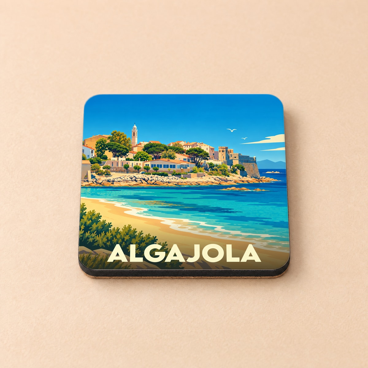 Dessous de verre souvenir de la ville d'Algajola avec une illustration stylisée d'un paysage côtier corse.