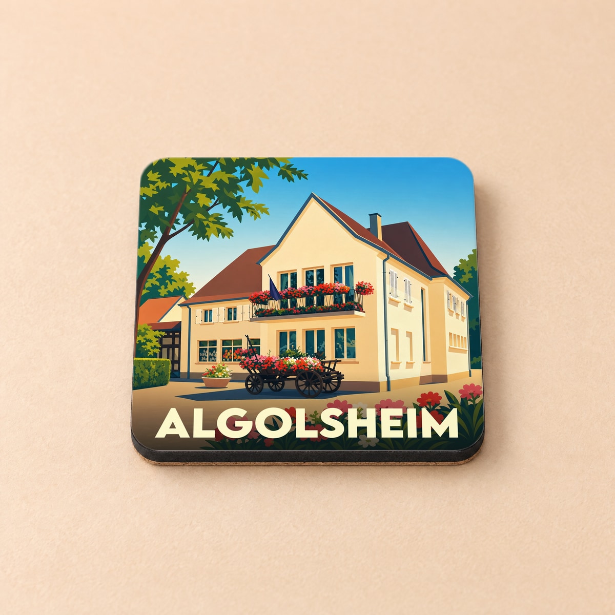 Dessous de verre souvenir de la ville de Algolsheim avec une illustration colorée et stylisée d'une maison fleurie.
