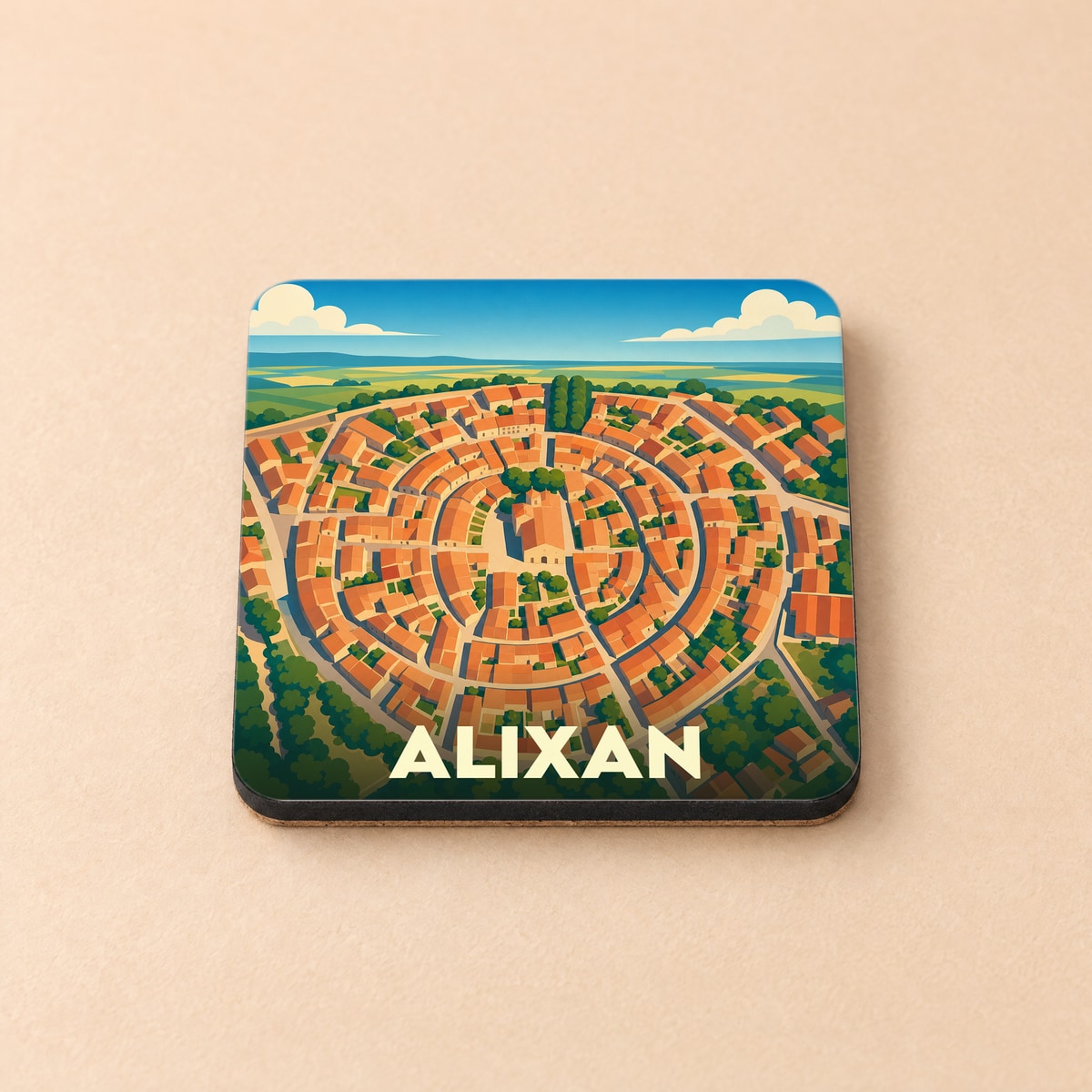 Dessous de verre souvenir de la ville d'Alixan illustré par une vue aérienne stylisée de son village circulaire.