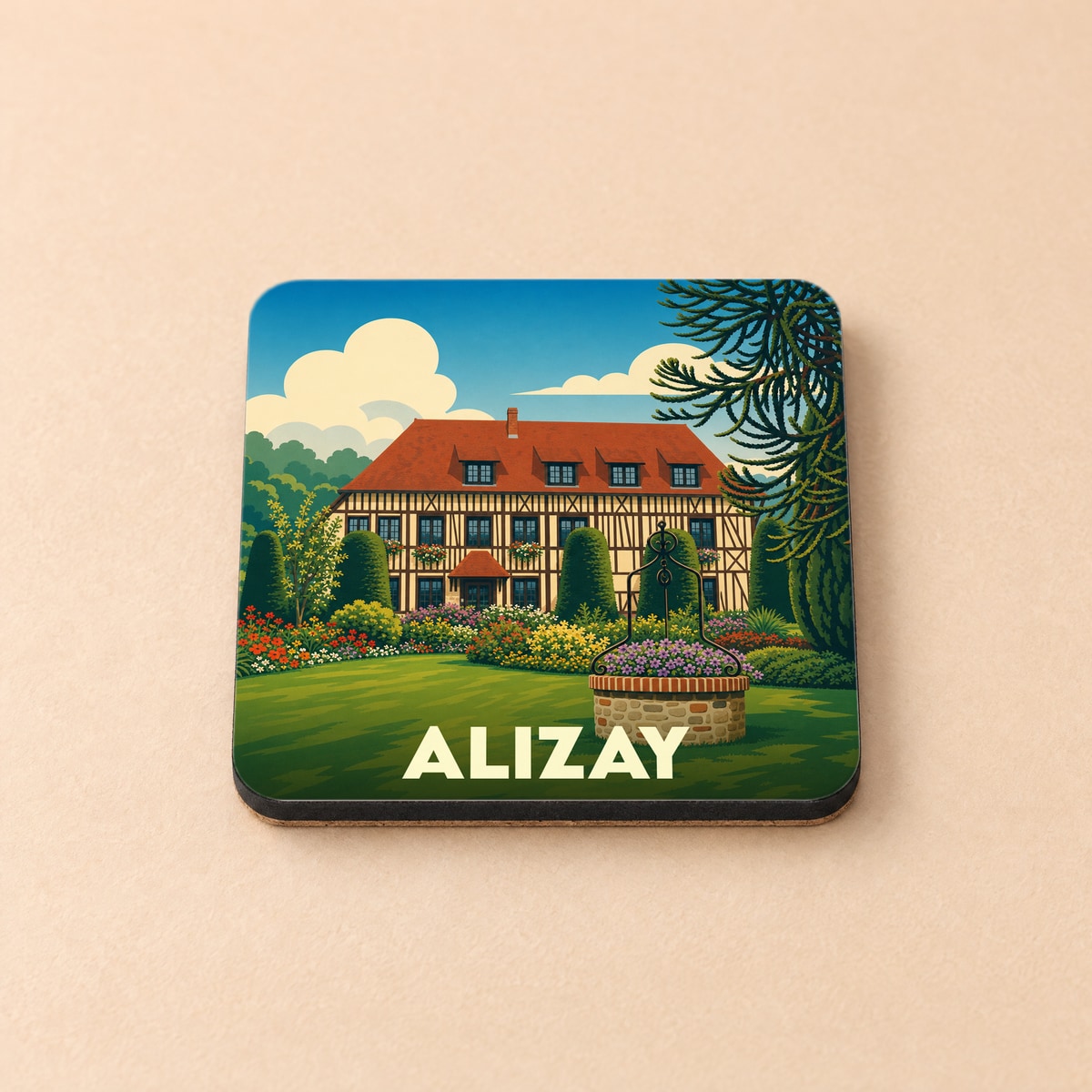 Dessous de verre souvenir de la ville d'Alizay avec une illustration stylisée d'une maison normande à colombages et d'un jardin fleuri.