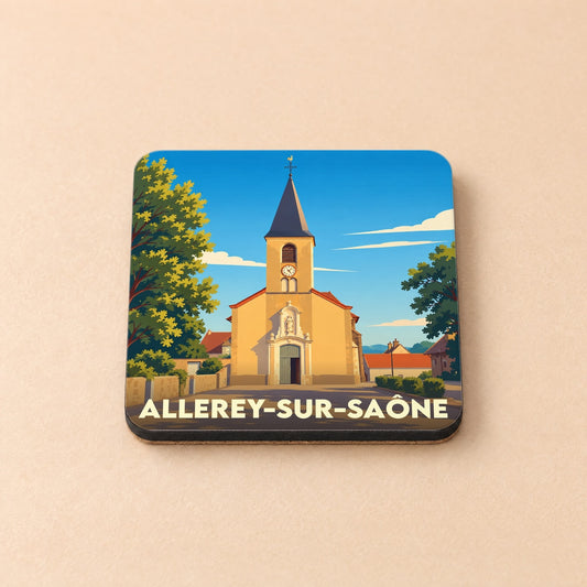 Dessous de verre souvenir d'Allerey-sur-Saône arborant une illustration stylisée de son église.
