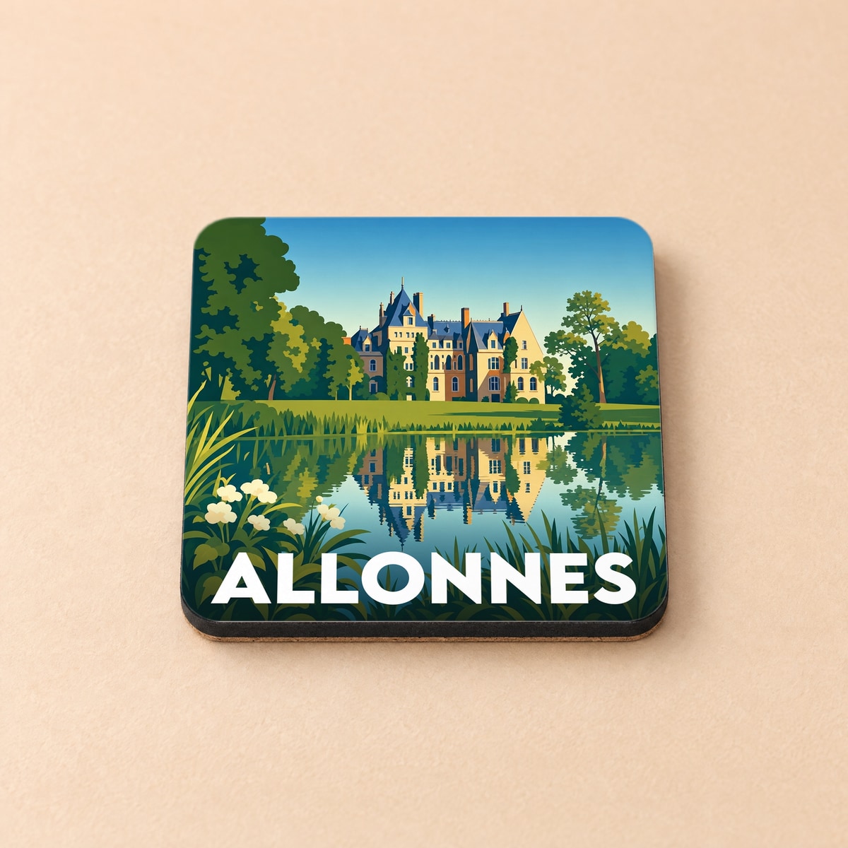 Dessous de verre souvenir de la ville d'Allonnes avec une illustration stylisée d'un château se reflétant dans l'eau.