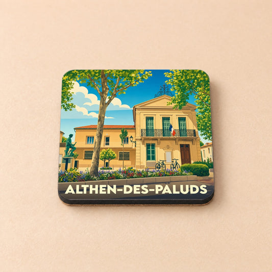 Dessous de verre souvenir de la ville d'Althen-des-Paluds avec une illustration stylisée de sa mairie.