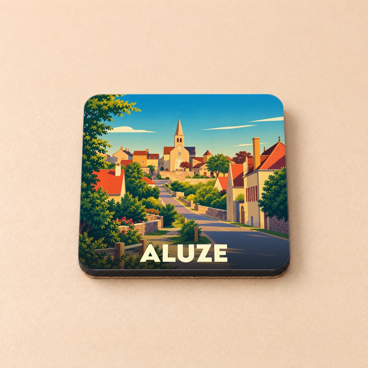 Dessous de verre souvenir de la ville d'Aluze avec une illustration stylisée d'un village ensoleillé.