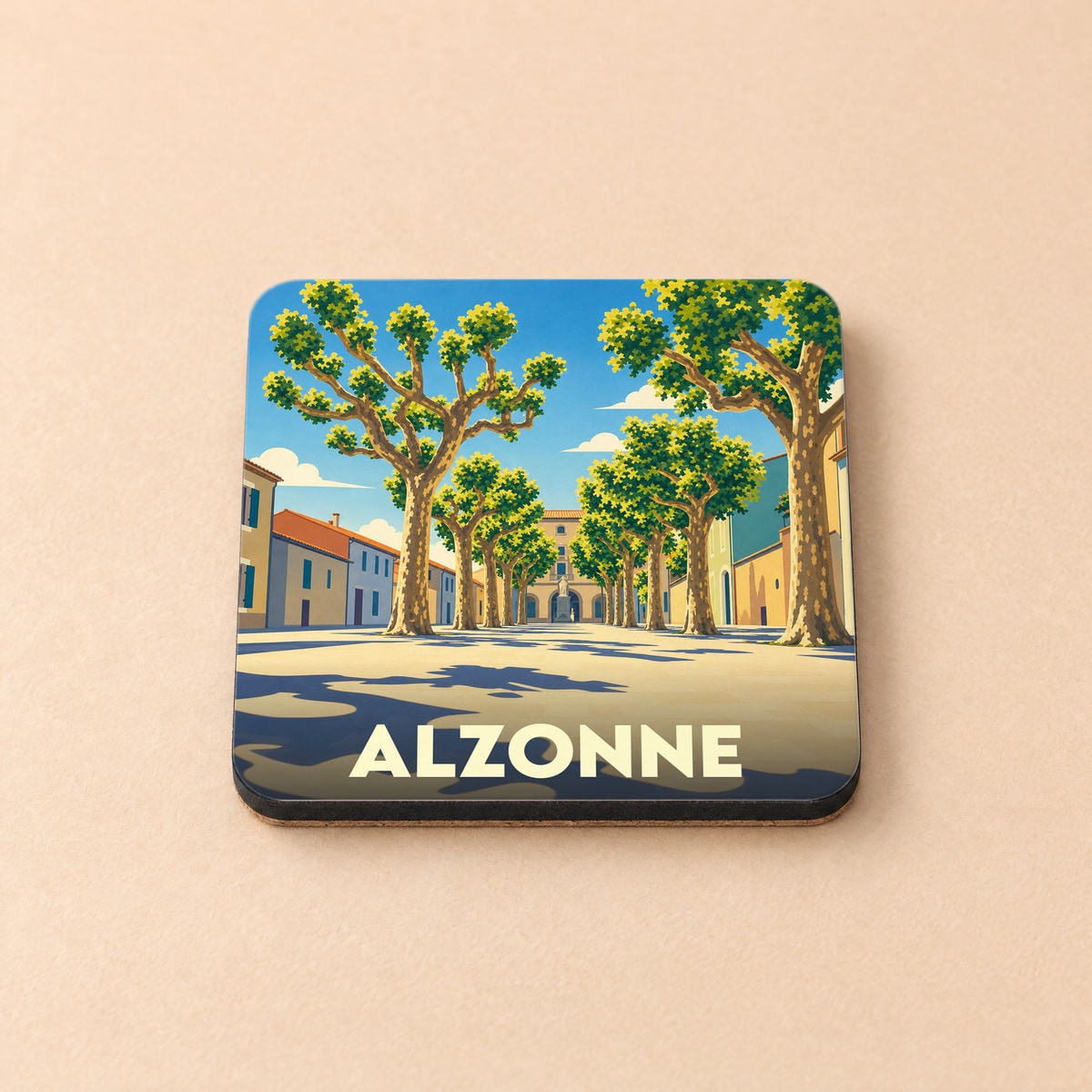 Dessous de verre souvenir de la ville de Alzonne avec une illustration stylisée d'une place arborée.