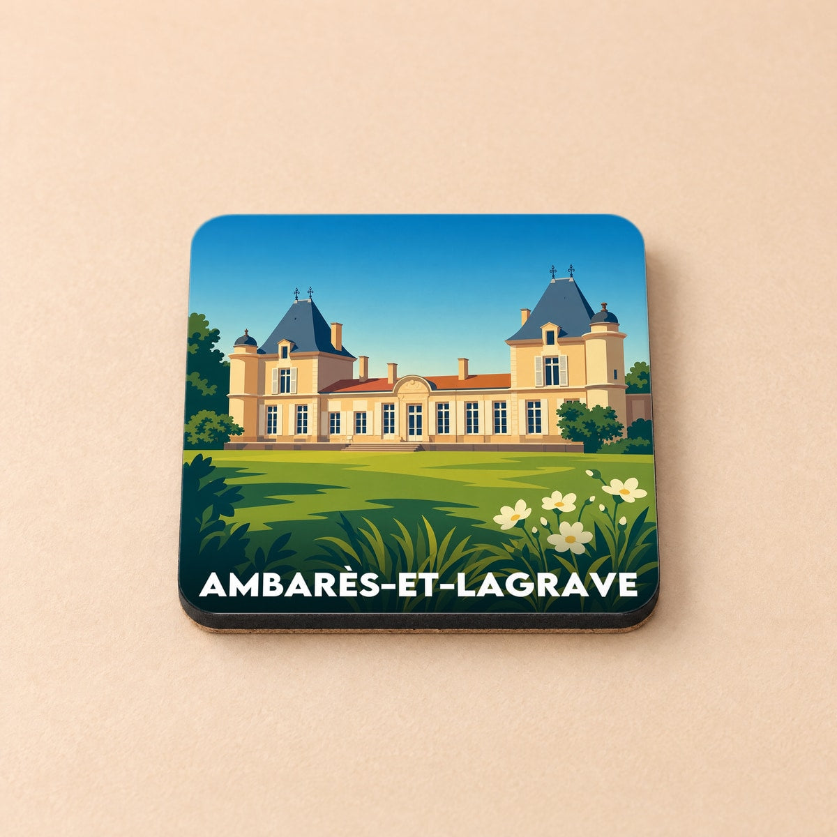 Dessous de verre souvenir de la ville de Ambarès-et-Lagrave avec une illustration stylisée d'un château.