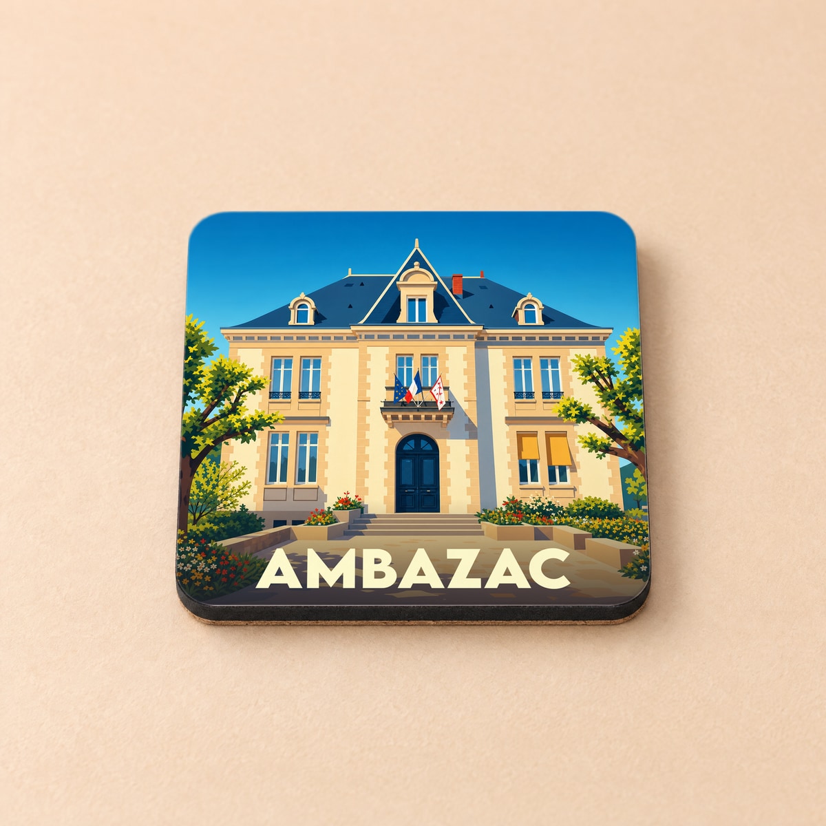 Dessous de verre souvenir de la ville d'Ambazac avec une illustration stylisée de son hôtel de ville.