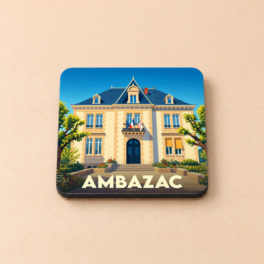 Dessous de verre souvenir de la ville d'Ambazac avec une illustration stylisée de son hôtel de ville.