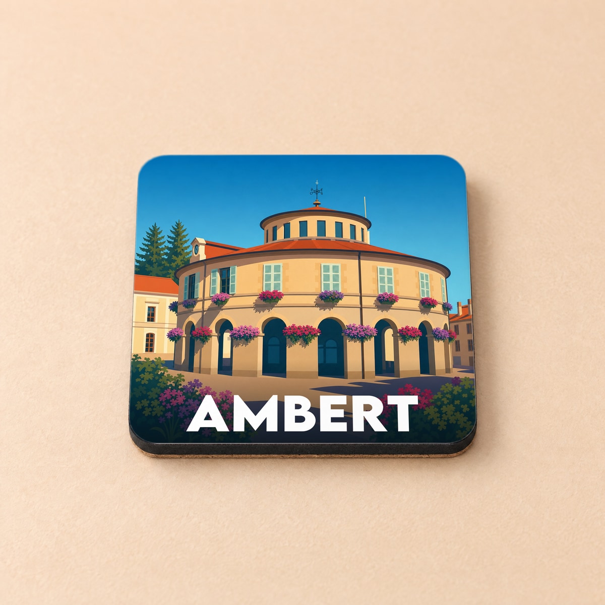 Dessous de verre souvenir de la ville d'Ambert avec une illustration stylisée de sa mairie ronde.