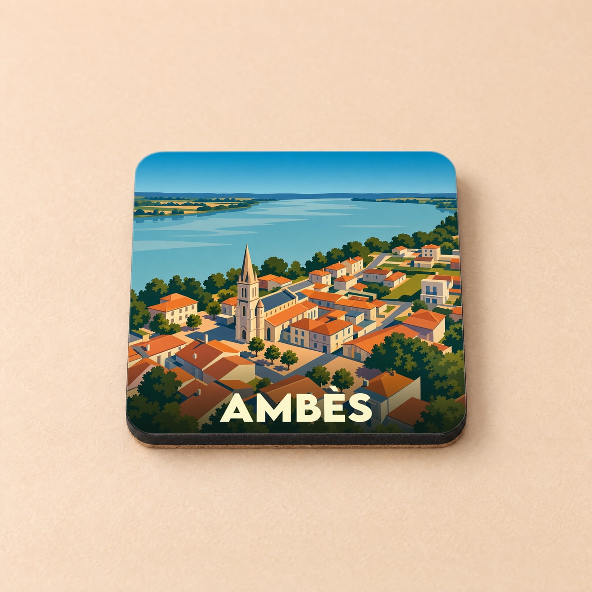 Dessous de verre souvenir de la ville d'Ambès avec une illustration stylisée vue du ciel.