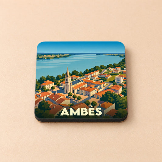 Dessous de verre souvenir de la ville d'Ambès avec une illustration stylisée vue du ciel.