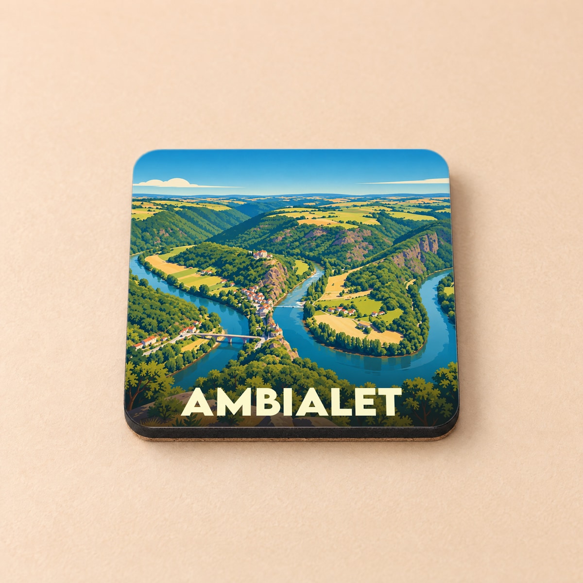 Dessous de verre souvenir de la ville d'Ambialet avec une illustration stylisée de son célèbre méandre.