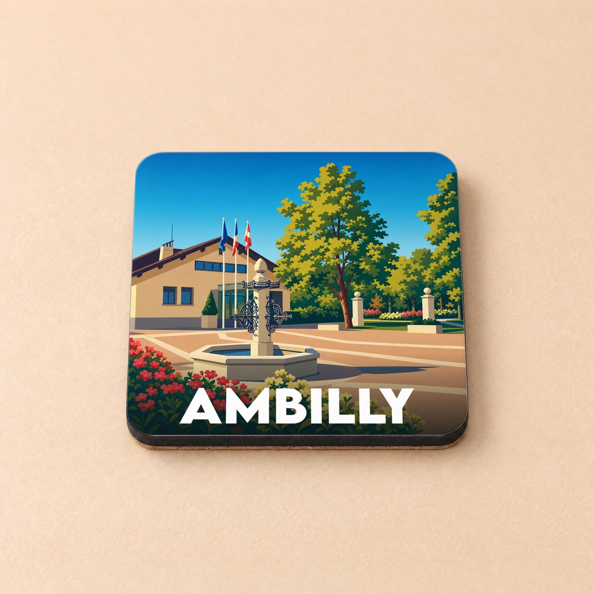Dessous de verre souvenir de la ville d'Ambilly avec une illustration stylisée d'une place ensoleillée et de sa fontaine.