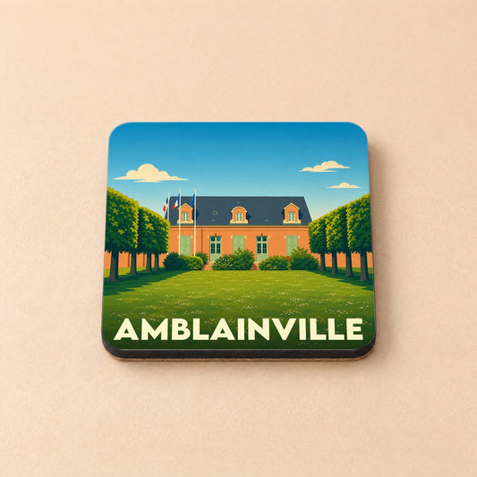 Dessous de verre souvenir de la ville d'Amblainville avec une illustration stylisée de sa mairie.