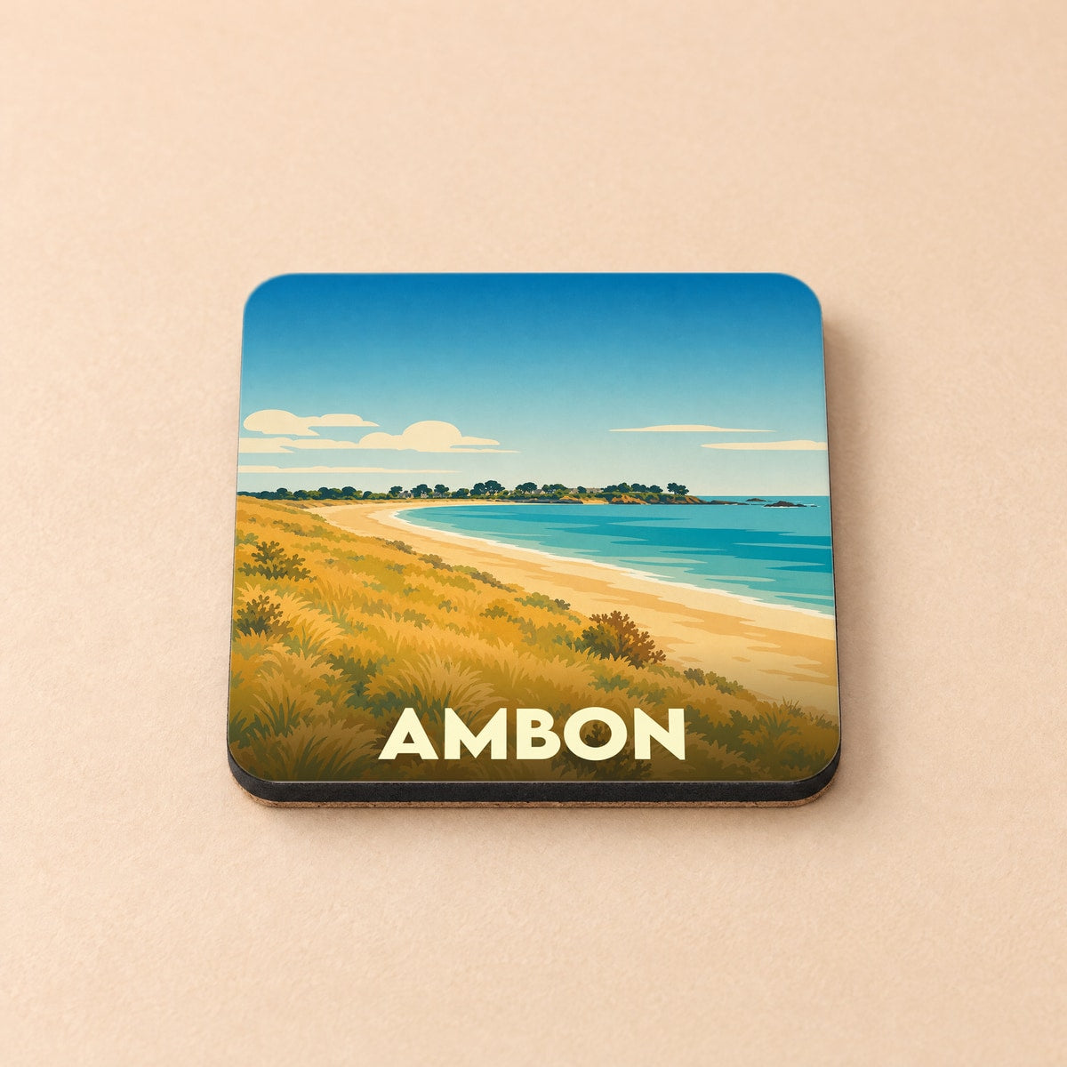 Dessous de verre souvenir de la ville de Ambon avec une illustration stylisée d'une plage sauvage.