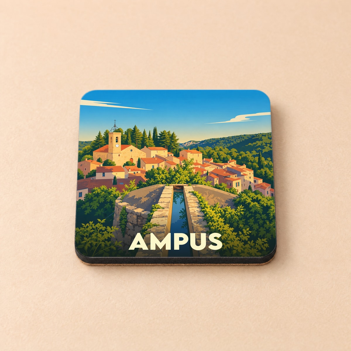 Dessous de verre souvenir de la ville d'Ampus illustré d'un paysage provençal stylisé.