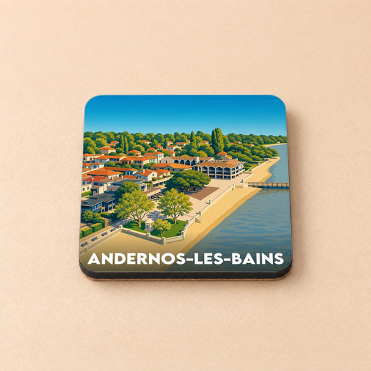 Dessous de verre souvenir de la ville d'Andernos-les-Bains avec une illustration stylisée de son front de mer.