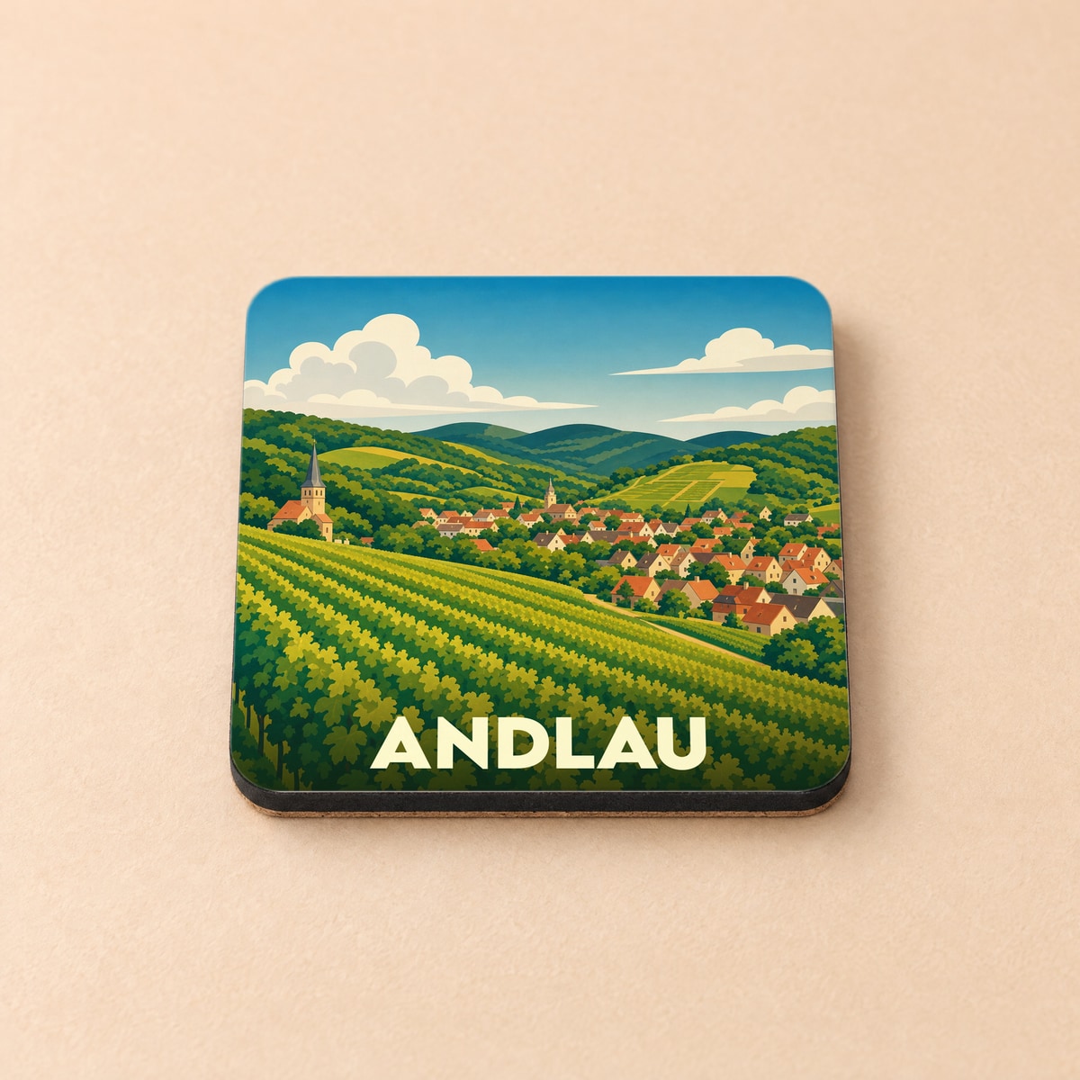 Dessous de verre souvenir de la ville d'Andlau avec une illustration stylisée d'un paysage de vignobles et de montagnes.