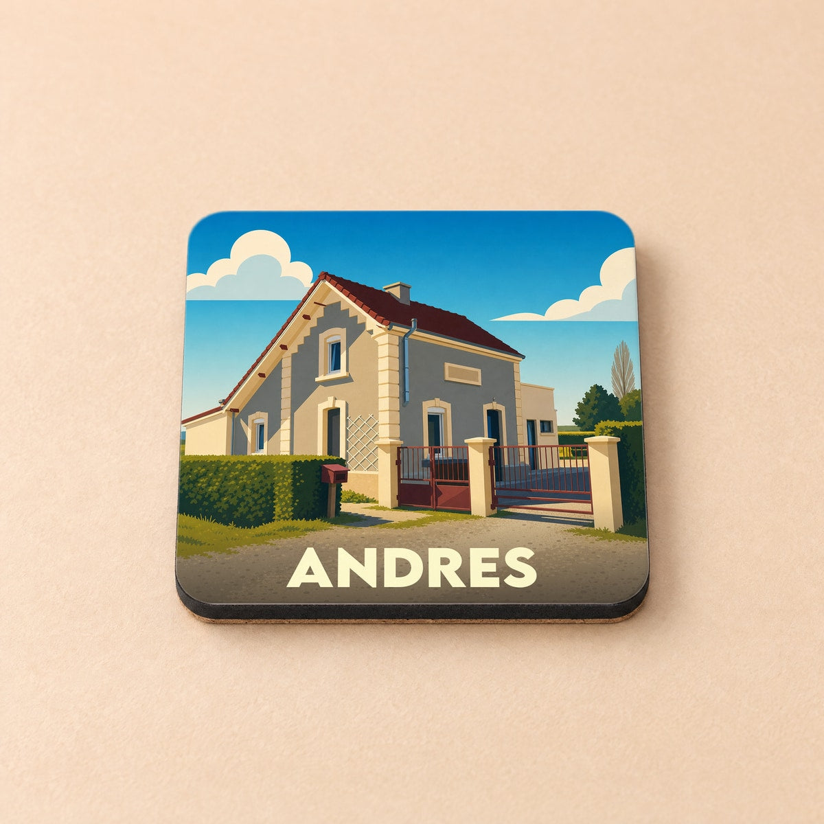 Dessous de verre souvenir de la ville de Andres avec une illustration stylisée d'une maison traditionnelle.