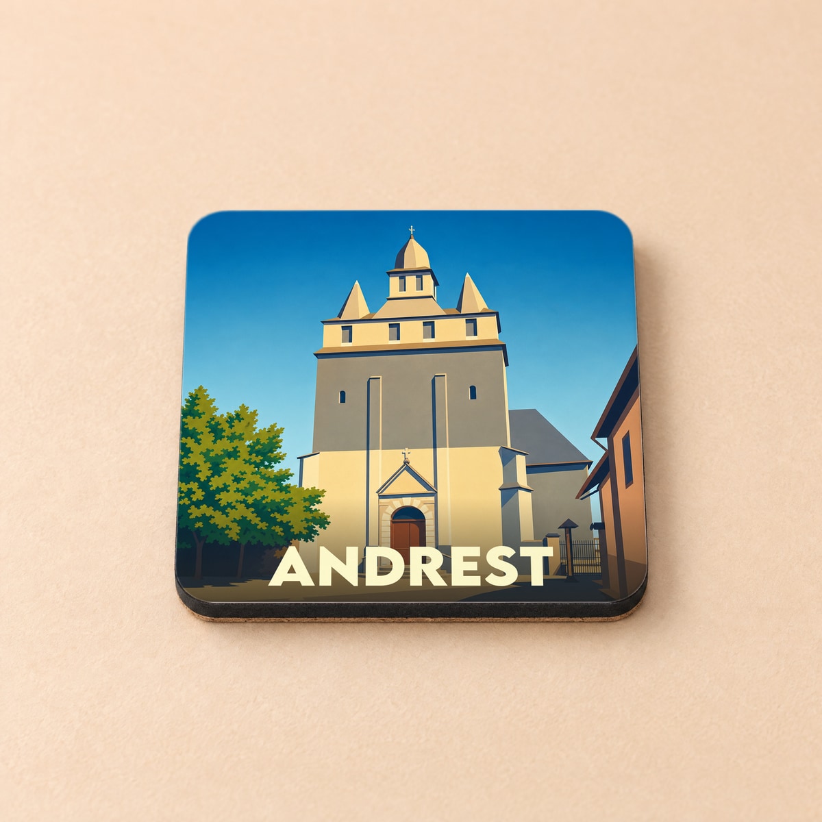 Dessous de verre souvenir de la ville de Andrest avec une illustration stylisée de son église.