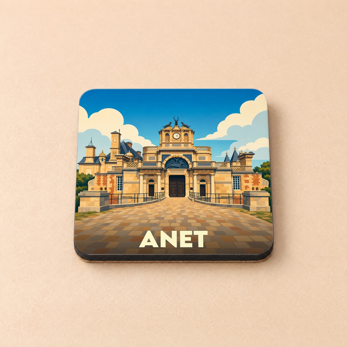 Dessous de verre souvenir de la ville d'Anet avec une illustration stylisée du château.