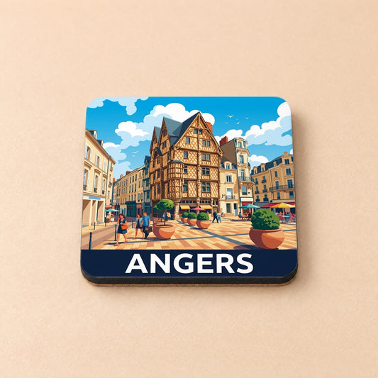Dessous de verre souvenir de la ville de Angers avec une illustration stylisée d'une place historique.