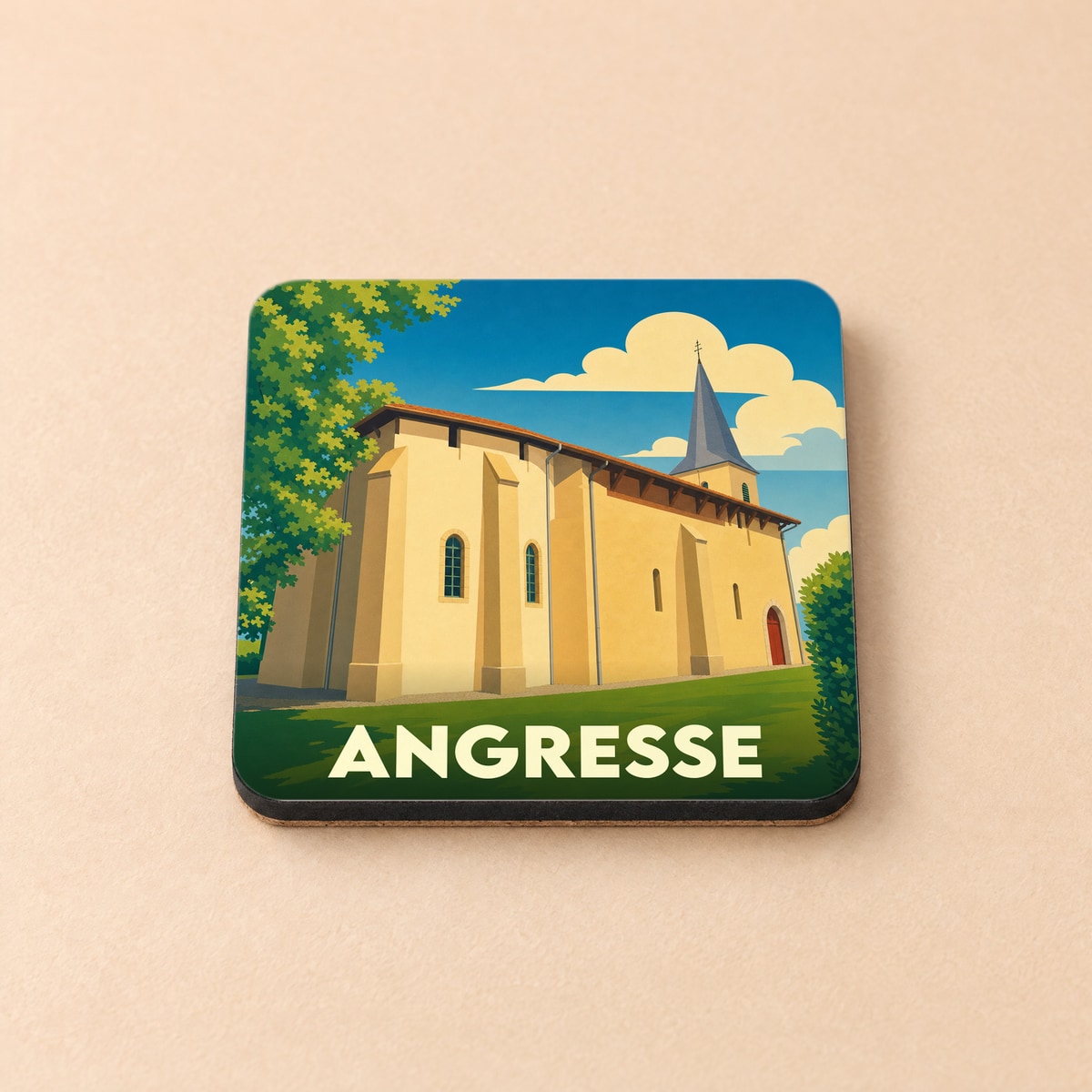 Dessous de verre souvenir de la ville d'Angresse avec une illustration stylisée de son église.