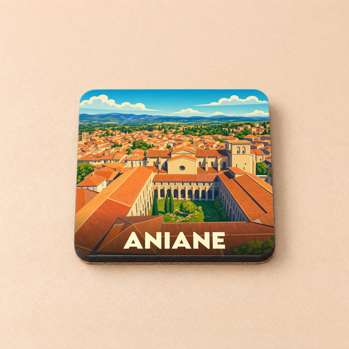 Dessous de verre souvenir de la ville d'Aniane avec une illustration stylisée de son abbaye et de ses toits ocres.