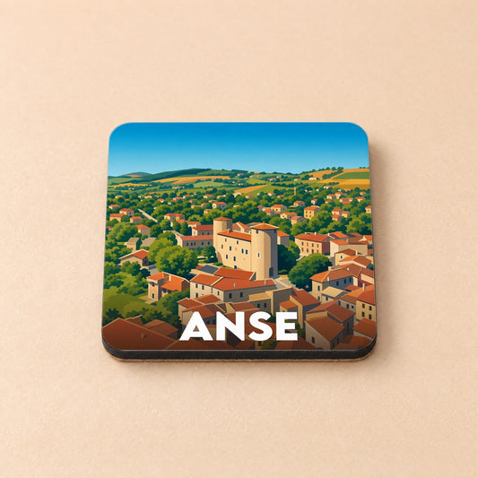 Dessous de verre souvenir de la ville de Anse avec une illustration stylisée.
