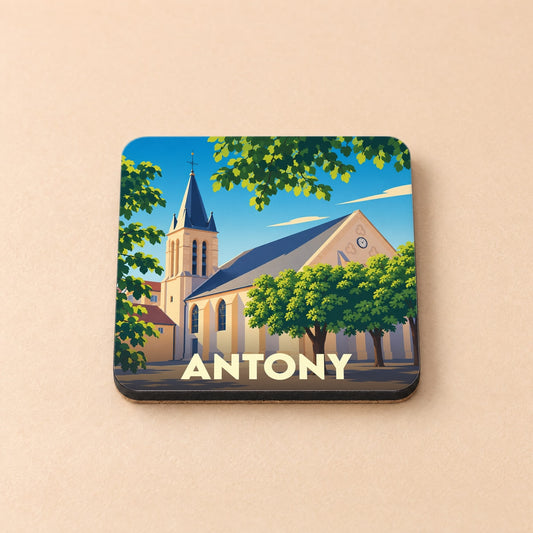 Dessous de verre souvenir de la ville d'Antony avec une illustration stylisée de l'église Saint-Saturnin.