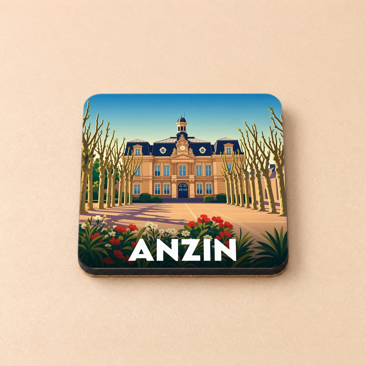 Dessous de verre souvenir de la ville d'Anzin avec une illustration stylisée de son hôtel de ville.