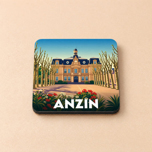 Dessous de verre souvenir de la ville d'Anzin avec une illustration stylisée de son hôtel de ville.
