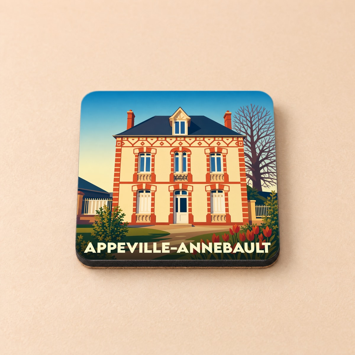 Dessous de verre souvenir de la ville d'Appeville-Annebault avec une illustration stylisée de maison traditionnelle.